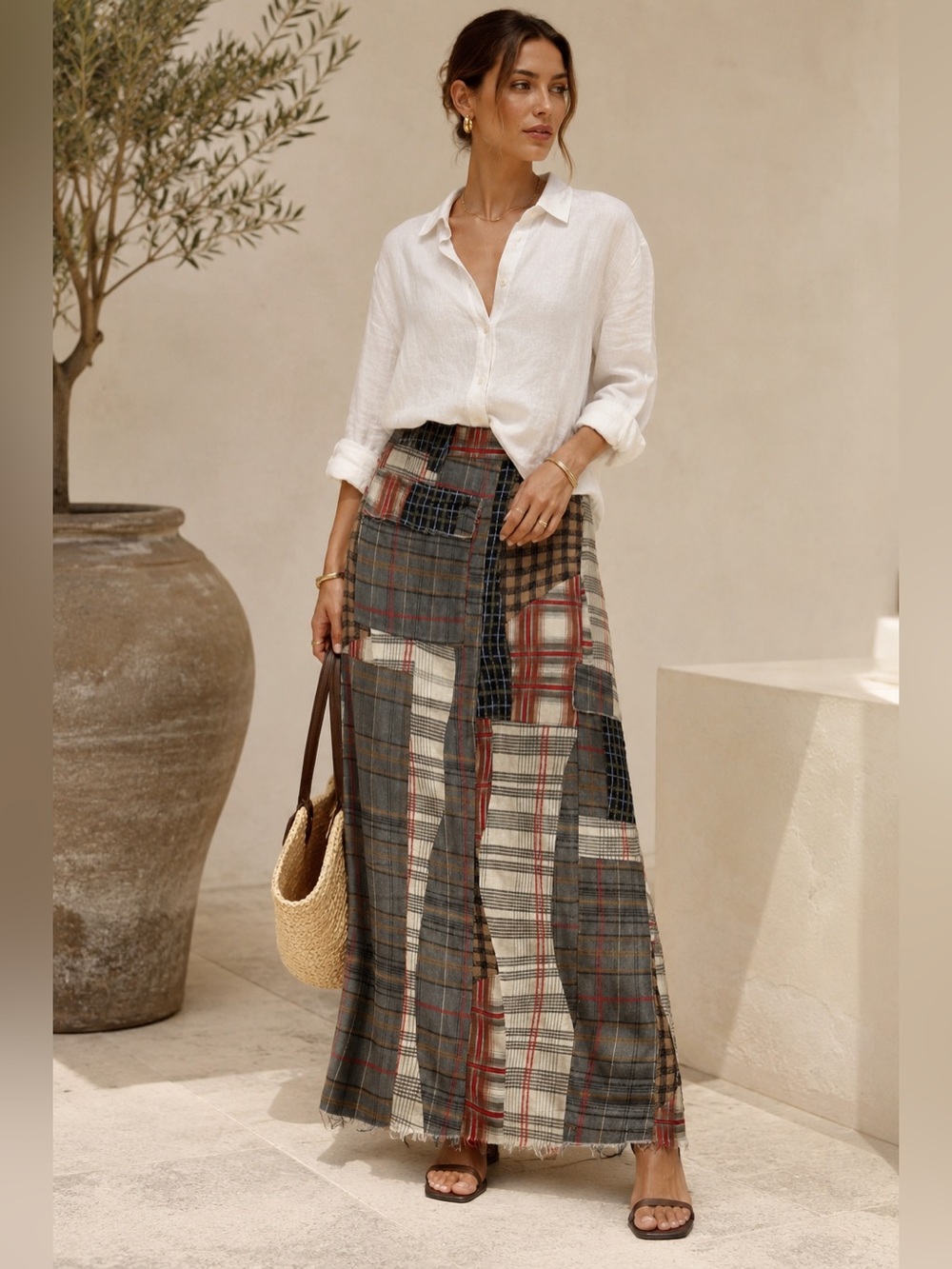 Patchwork Plaid Maxi Skirt in Gray, Cream & Red Accents